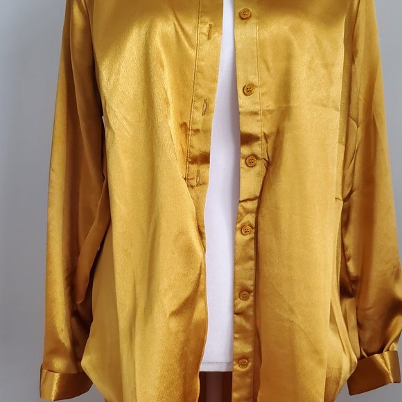 Glamourous Gold Satin Short Shirt Dress Front Tie Ruched Skirt Long Sleeve Luxe - Picture 6 of 10